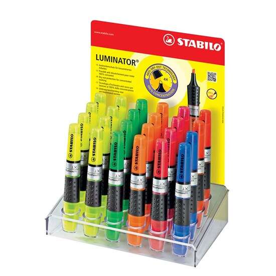 Stabilo Luminator Expositor de 24 Marcadores Fluorescentes - Mayor Suministro de Tinta - Zona de Agarre - Trazo entre 2 y 5mm - Colores Verde, Amarillo, Rosa, Azul, Rojo y Naranja
