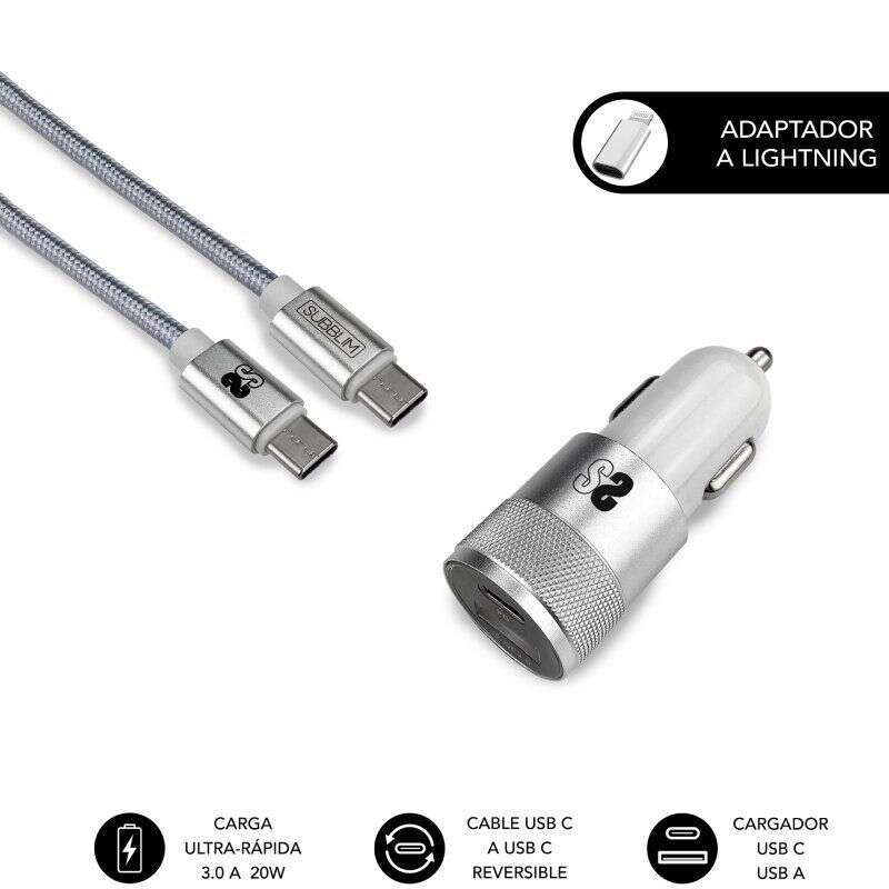 Subblim Cargador Coche Dual PD20W+QC3.0+C to C/Lightning cable - 20W - Carga rápida simultánea - Cable USB C reversible - Color Plata 1 Subblim Cargador Coche Dual PD20W+QC3.0+C to C/Lightning cable - 20W - Carga rápida simultánea - Cable USB C reversible - Color Plata