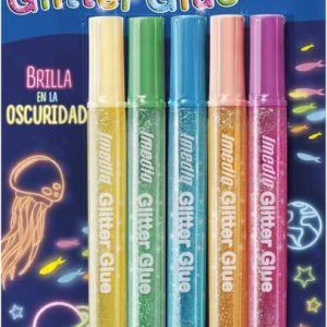 Imedio Glitter Glue "Brilla en la Oscuridad" Pack de 5 Tubos de Pegamento con Brillantina 10ml - Brilla en la Oscuridad - Para Distintos Materiales - Tubo Extrablando - Boquilla de Precision - Sin Disolventes - Colores Surtidos