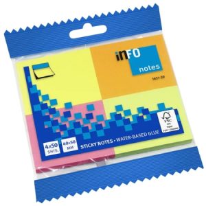 Global Notes inFO Brillant Pack de 4 Blocs de 50 Notas Adhesivas 50 x 40mm - Certificacion FSC™ - Colores Amarillo, Naranja, Rosa y Verde