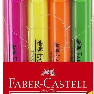 Faber-Castell Textliner 38 Pack de 4 Marcadores Fluorescentes - Cuerpo Fino - Punta Biselada - Trazo Grueso y Fino - Tinta con Base de Agua - Colores Surtidos