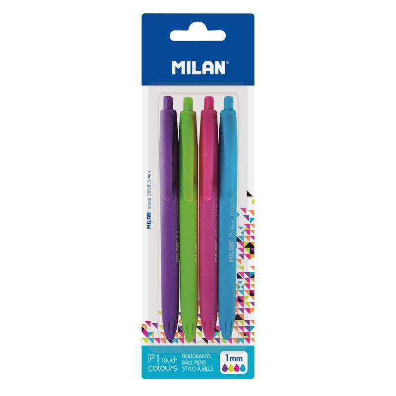 Milan P1 Touch Colours Pack de 4 Boligrafos de Bola Retractiles - Punta Redonda 1mm - Tinta con Base de Aceite - Escritura Suave - 1.200m de Escritura - Color Azul Claro, Verde Claro, Lila y Rosa