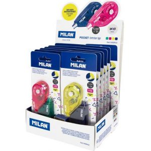 Milan Pocket Acid Expositor de 24 Cintas Correctoras en Blisters de 2uds. 4,2mm x 5m - Correcion en Seco - Rapida, Limpia y Precisa - Para todo Tipo de Papel - Colores Surtidos