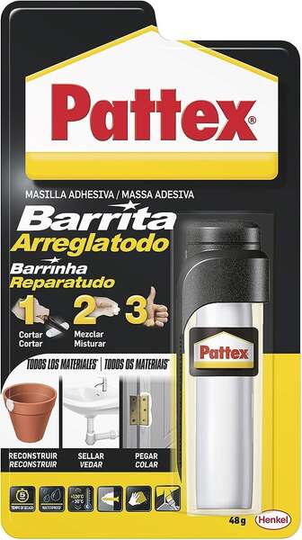 Pattex Barrita Arreglatodo Bl 48gr - Moldeable para Reparar y Sellar Agujeros y Fisuras - Ideal para Instalaciones. Depositos. Conductos. Radiadores y Tuberias 1 Pattex Barrita Arreglatodo Bl 48gr - Moldeable para Reparar y Sellar Agujeros y Fisuras - Ideal para Instalaciones. Depositos. Conductos. Radiadores y Tuberias