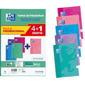 Oxford School Write&Erase Pack 4+1 de Cuaderno Espiral 80 Hojas Cuadricula 4x4 con Margen - Tapa Extradura - Colores Surtidos