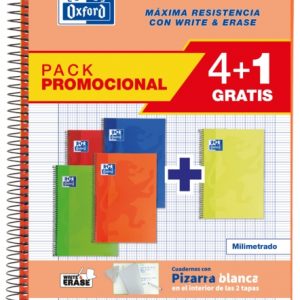 Oxford School Classic Write&Erase Pack 4+1 Fº - Cuaderno Espiral Tapa Extradura - Milimetrado con Margen - 80 Hojas - Colores Surtidos