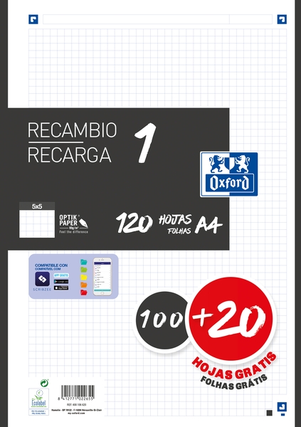 Oxford School Recambio A4 120 Hojas Cuadricula 5x5mm - 4 Taladros - Banda de Color Negro 1 Oxford School Recambio A4 120 Hojas Cuadricula 5x5mm - 4 Taladros - Banda de Color Negro