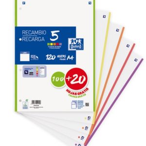 Oxford School Pack de 5 A4 Recambio - Liso - Promocion 100+20 Hojas - Colores Surtidos