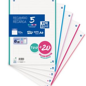 Oxford School Recambio 120 Hojas A4 1 Linea - 4 Taladros - 5 Bandas de Color