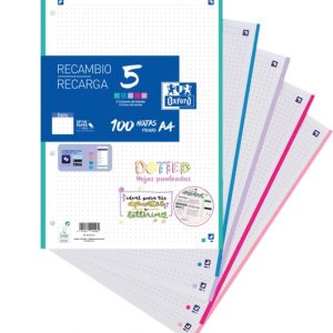 Oxford 5 Dotted Recambio de 100 Hojas Formato A4 Punteadas 4 Taladros - Banda de 5 Colores Pastel