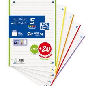Oxford School Pack de 5 A4 Recambio - 1 Linea Promocion - 100+20 Hojas - Colores Surtidos