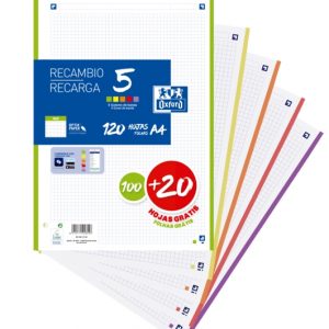 Oxford School Pack de 5 A4 Recambio - 4x4 Promocion - 100+20 Hojas - Colores Surtidos