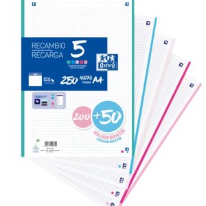 Oxford School Pack de 5 A4 Recambio - 200+50 Hojas - Colores Surtidos