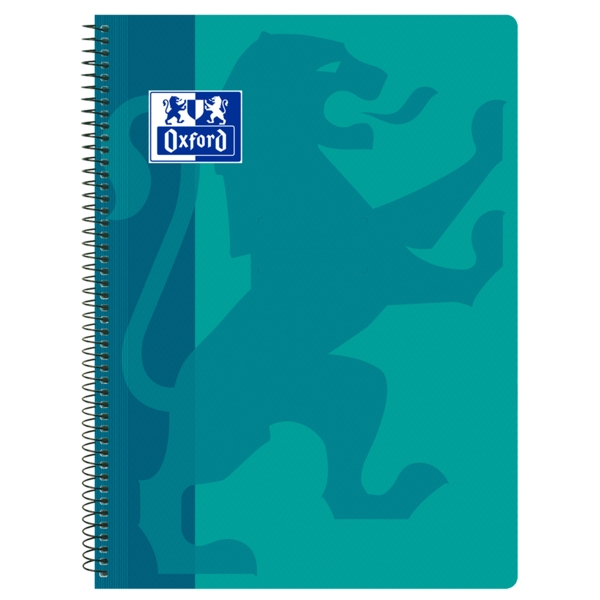 Oxford School Classic Cuaderno Espiral Tapa de Plastico Folio 4x4 - Resistente Tapa de Plastico - Cuadricula de 4x4 con Margen - 80 Hojas de Alta Calidad - Color Aqua