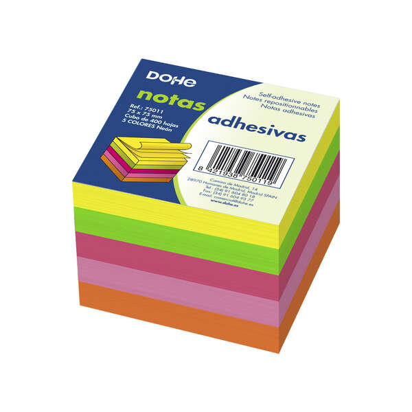 Dohe Cubo de 400 Notas Reposicionables - Tamaño 75x75mm - Papel de 75gr - Ideal para Oficina y Escuela - Colores Neon Surtidos