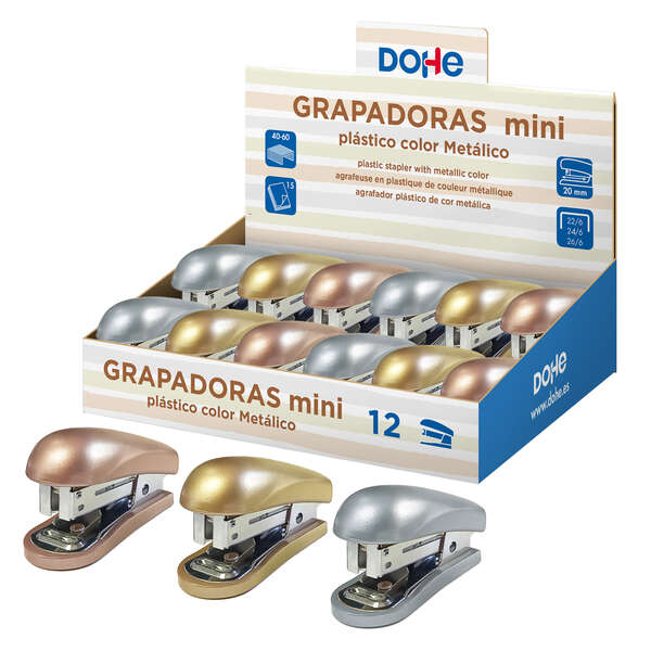 Dohe Expositor de 12 Mini grapadoras de Sobremesa - Materiales Plasticos de Primera Calidad - Capacidad de Grapado hasta 15 Hojas - Admite grapas de 22/6, 24/6 y 26/6