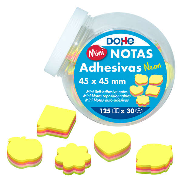 Dohe Expositor de 30 Mini Blocs de 125 Notas Adhesivas - Tamaño 45x45mm - Formas Surtidas - Colores Neon Surtidos