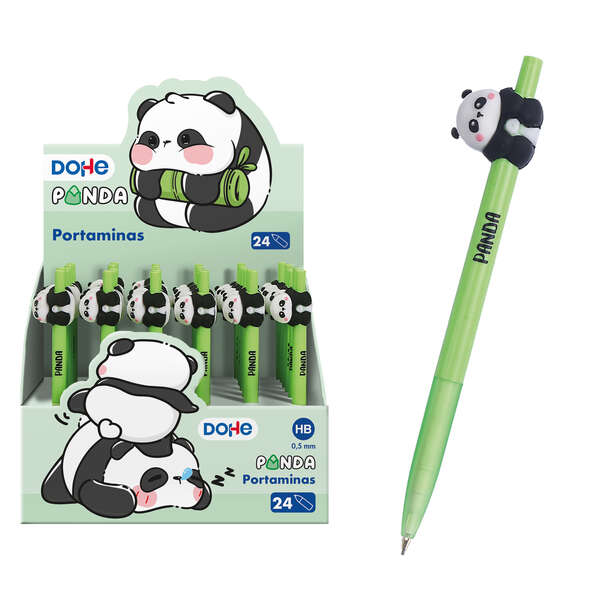 Dohe Expositor de 24 Portaminas 0.5mm - Grip de Caucho - Cuerpo Verde y Decorado con Forma de Oso Panda
