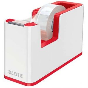 Leitz WOW Dispensador de Cinta Adhesiva - Para Rollos de hasta 19mm x 33m - Incluye Cinta Autoadhesiva Escribible - Color Blanco/Rojo