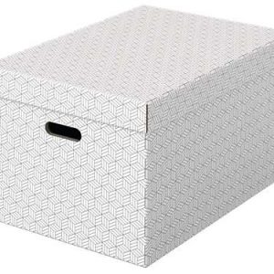 Esselte Pack de 3 Cajas Grandes de Almacenamiento con Tapa 355x305x510mm - Carton 100% Reciclado y Reciclable - Asas Integradas - Diseño Blanco con Dibujo