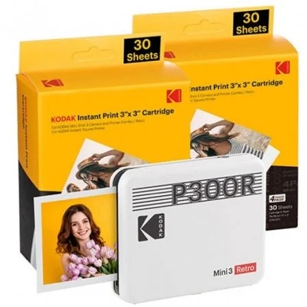 Kodak Mini 3 Retro Pack de Impresora Fotografica Portatil Bluetooth + 60 Hojas de Papel Fotografico - Formato de Impresion 7.62x7.62cm - Alimentacion por Bateria - Color Blanco