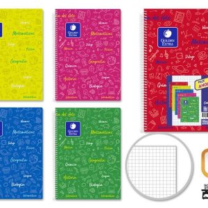 Golden Pack de 5 Cuadernos Asignatura Folio 80 Hojas 90gr Cuadricula 4x4 - Resistente - Tapa Plastica - Ideal para Estudiantes - Colores Surtidos