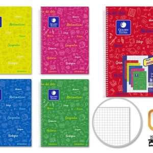 Golden Pack de 5 Cuadernos Folio 80 Hojas 90gr Cuadricula 4x4 - Resistente - Ideal para Estudiantes - Tapa Forrada - Colores Surtidos