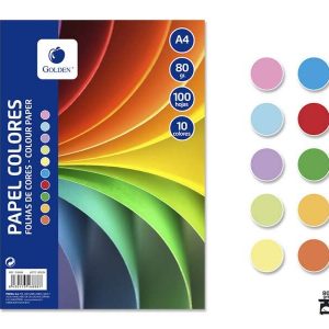 Golden Pack con 100 Hojas de Papel de Colores A4 80gr - 10 Hojas por Color - Colores Surtidos