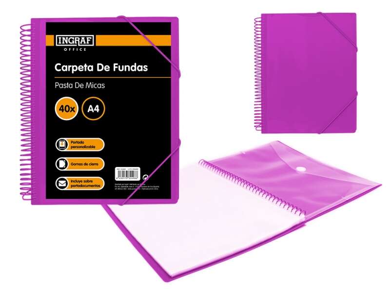 Ingraf Carpeta 40 Fundas A4 + Sobre con Broche - Espiral Plastica Indeformable - Apertura 360 Grados - Portada Personalizable - Color Morado 1 Ingraf Carpeta 40 Fundas A4 + Sobre con Broche - Espiral Plastica Indeformable - Apertura 360 Grados - Portada Personalizable - Color Morado