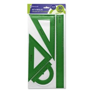 Bismark Pack de 4 Reglas de Alta Calidad - Incluye Regla 30cm, Escuadra 14cm, Cartabon 20cm y Transportador 13cm - Ideal para el Colegio - Color Verde