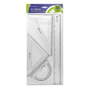 Bismark Pack de Reglas para el Colegio - Incluye Regla de 30cm - Escuadra de 12,5cm - Cartabon de 17.5cm - Transportador de 10cm - Presentacion en Bolsa Transparente - Color Transparente