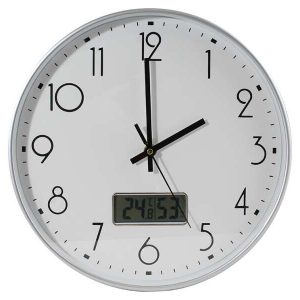 Bismark Reloj Oficina con Marcador Digital de Temperatura y Humedad - Numeros Negros - Cristal Exterior - Manecillas de Aluminio - Color Blanco