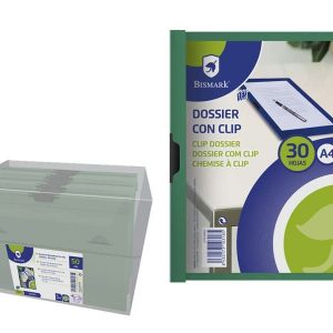 Bismark Dossier para 30 Hojas A4 con Clip Metalico Lateral - Polipropileno Transparente - Color Verde