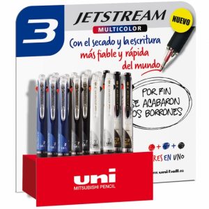 Uni-ball SXE3-400-10 JetStream Expositor de 15 Boligrafos Tricolor - Punta de Bola 1mm - Boligrafo con 3 Colores de Tinta, Negro, Azul y Rojo - Secado Instantaneo - Colores Surtidos