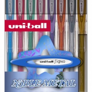 Uni-ball UM-120 NM Signo Noble Metal Pack de 8 Boligrafos de Tinta Gel - Punta de Bola 0.8mm - Tinta Resistente al Agua y Luz - Escribe en Papel Negro y Blanco - Colores Metalicos Surtidos