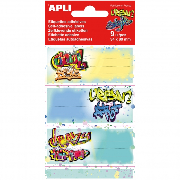 Apli Pack de 9 Etiquetas Escolares Modelo Grafitis - Tamaño 81x36mm - Adhesivo Permanente - Ideales para Marcar e Identificar Libros, Cuadernos, Carpetas etc...