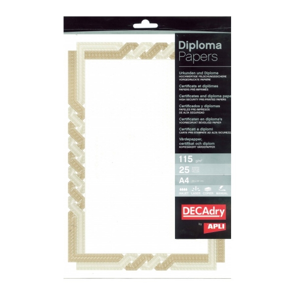 Apli Pack de 25 Hojas de Papel Certificado - Diseño Trenzado - 115gr - Ideal para Certificados y Diplomas - Compatible con Impresoras Inkjet, Laser y Fotocopiadoras - Color Marron