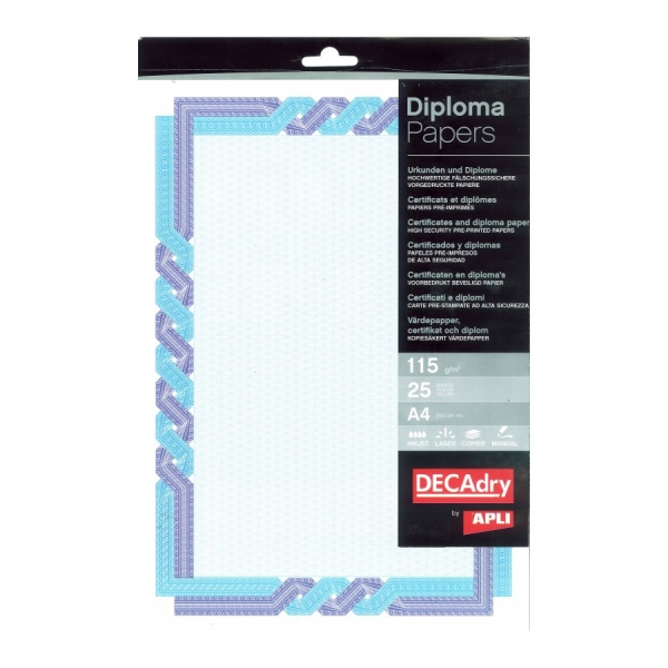 Apli Pack de 25 Hojas de Papel Certificado - 115gr - Diseño Trenzado en el Marco - Ideal para Certificados y Diplomas - Compatible con Impresoras Inkjet, Laser y Fotocopiadoras - Color Azul