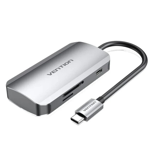 Vention Hub 6 en 1 USB-C a 3x USB3.0, Lector Tarjetas SD/MicroSD, USB-C PD100W - Longitud del Cable 0.15m - Color Gris