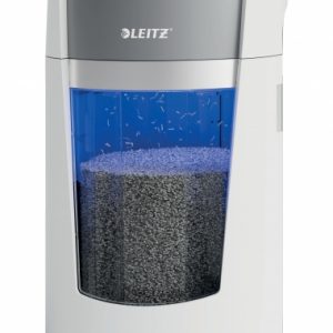 Leitz IQ OptiMax Office Destructora de Papel Manual DIN P5 - Destruye hasta 10 Hojas - Tiempo de Funcionamiento Continuo 120m - Papelera de 35L con Tecnologia de Giro - Color Blanco/Gris