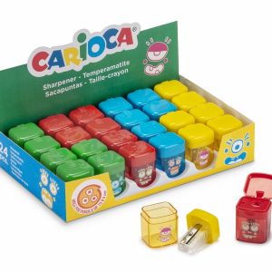 Carioca Expositor Pack 24 Sacapuntas de Colores con Deposito - 1 Agujero - Apto para Lapices/Ceras Triangulares, Redondos y Hexagonales - Tornillo de Seguridad en la Lama - Color Varios