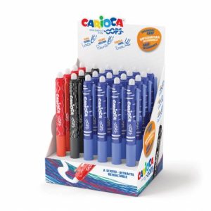 Carioca Oops Expositor de 24 Boligrafos Borrables Retractiles - Tinta Termo Sensible - Empuñadura Ergonomica Triangular - Punta de Ø 0.7mm - Doble Goma - Recambios Compatibles - Colores Surtidos