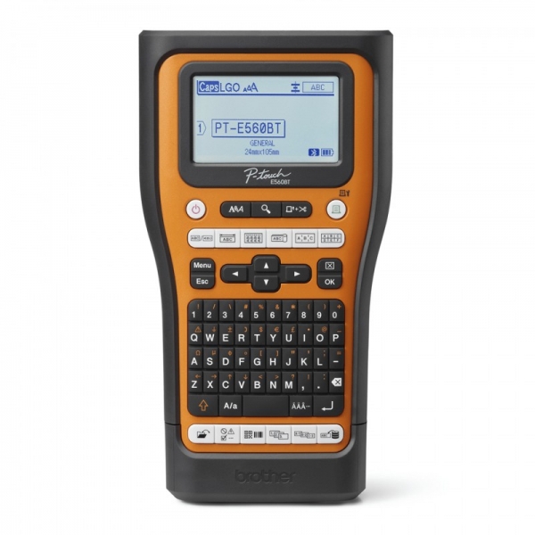 Brother PT-E560BTVP Rotuladora Electronica Bluetooth - Con Conexion a PC - Pantalla LCD - Ancho Max. de Cinta 18mm - Color Negro/Naranja