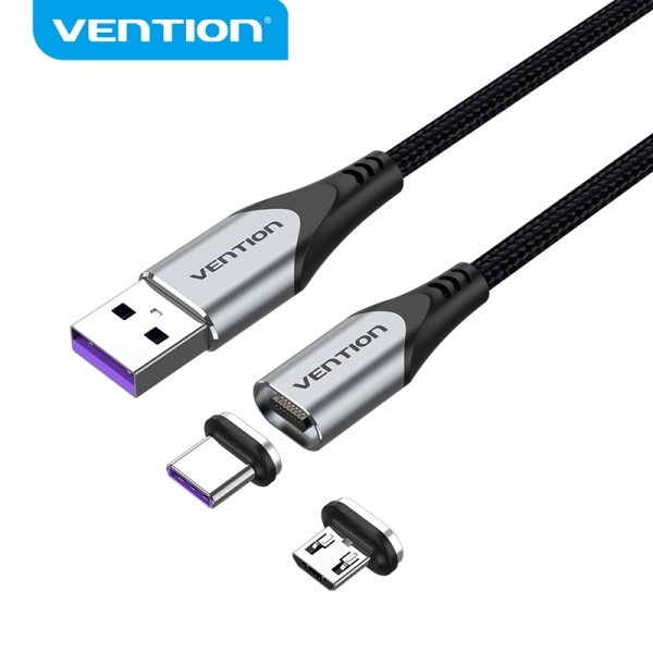 Vention Cable USB-A 2.0 Magnetico - Fichas Intercambiables USB-C y Micro USB - Carga Rapida 5A - Transmision 480Mbps - Color Gris