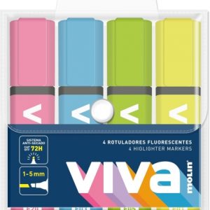 Molin Viva Pack de 4 Marcadores Fluorescentes - Trazo entre 1 y 5mm - Tinta con Base de Agua - Colores Surtidos
