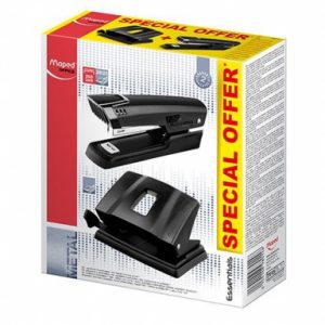 Maped Essentials Metal Pack de Grapadora Metalica E3543 + Taladro Metalico E4024 - Grapa hasta 25 Hojas a la Vez - Admite Grapas 24/6 y 26/6 - Perfora hasta 25 Hojas - Color Negro