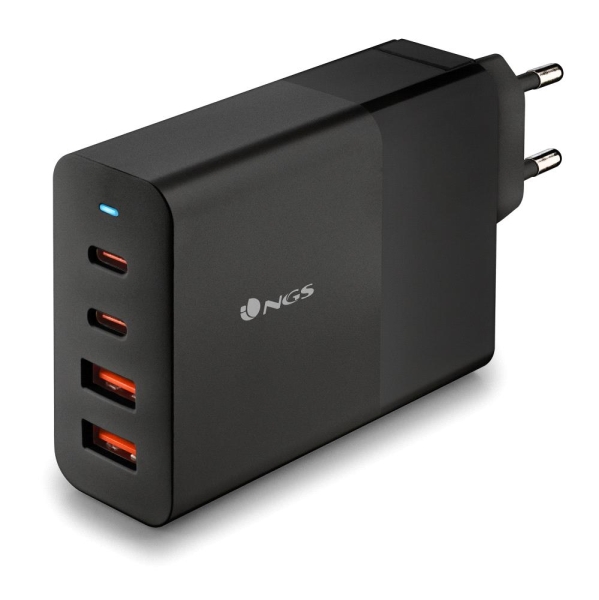 NGS Bud 100W Cargador GaN Universal de Pared 100W Ultrarapido - 2x USB-C PD & PPS, 2x USB-A QC 3.0 - Color Negro