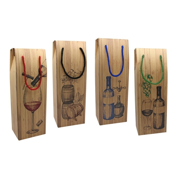 Bismark Caja/Bolsa de Carton con Asa para Botellas - Acabado Efecto Madera - Medidas 12,5x10x36cm - 4 Diseños Surtidos