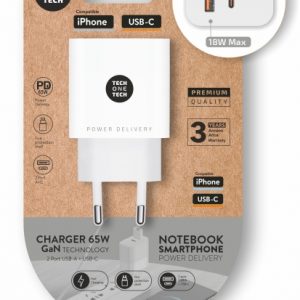 TechOneTech Cargador de Pared PD 65W con 1 Puerto USB-C + 1 Puerto USB-A