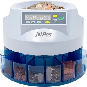 AVPos Contador/Clasificador de Monedas  CCM6 - Monedas Desde 1 Centimo Hasta 2 Euros - Color Blanco/Azul